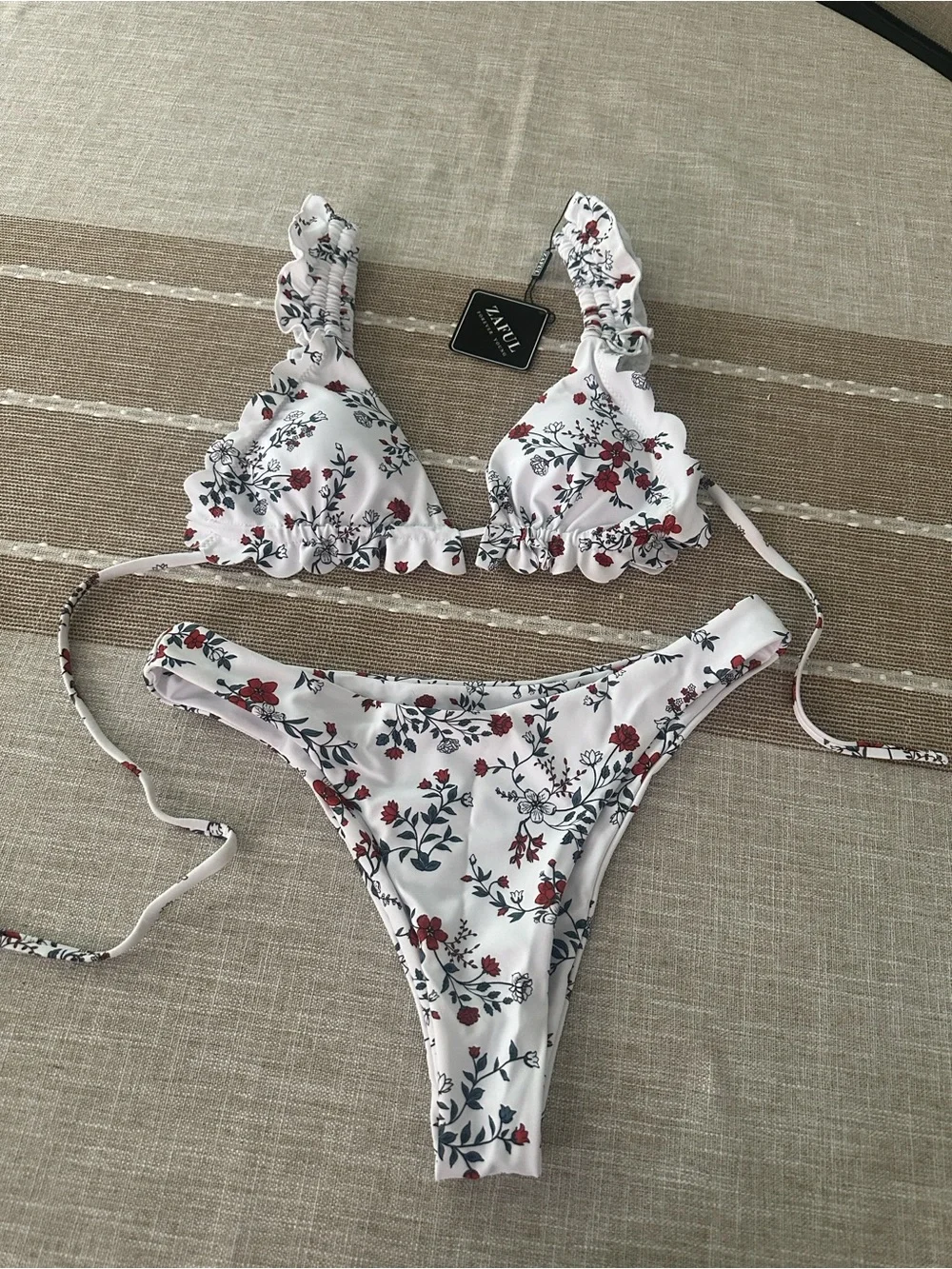 Zaful White Floral Ruffle Triangle Bikini with Red & Green Accents